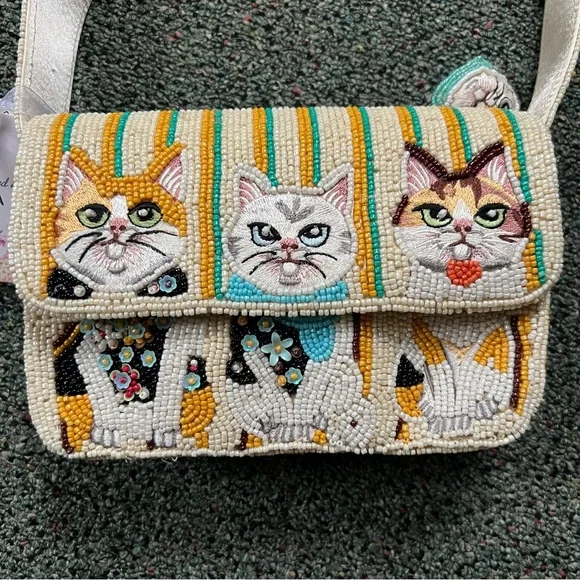 TJMAXX MARSHALLS VIRAL Cat Theme Striped Charm Beaded Shoulder Bag Purse Collect - Picture 3 of 16